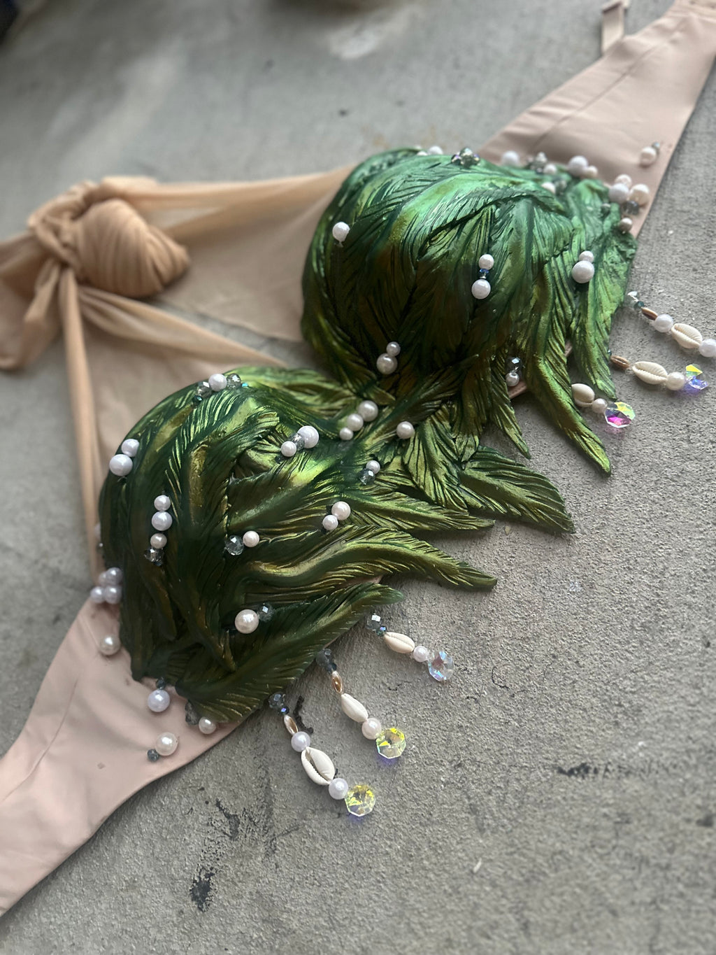 Pre-Made 38DD/Or Can Switch to O-Ring Seaweed Silicone Mermaid Top – Green Gold Shift + Shells + Pearls