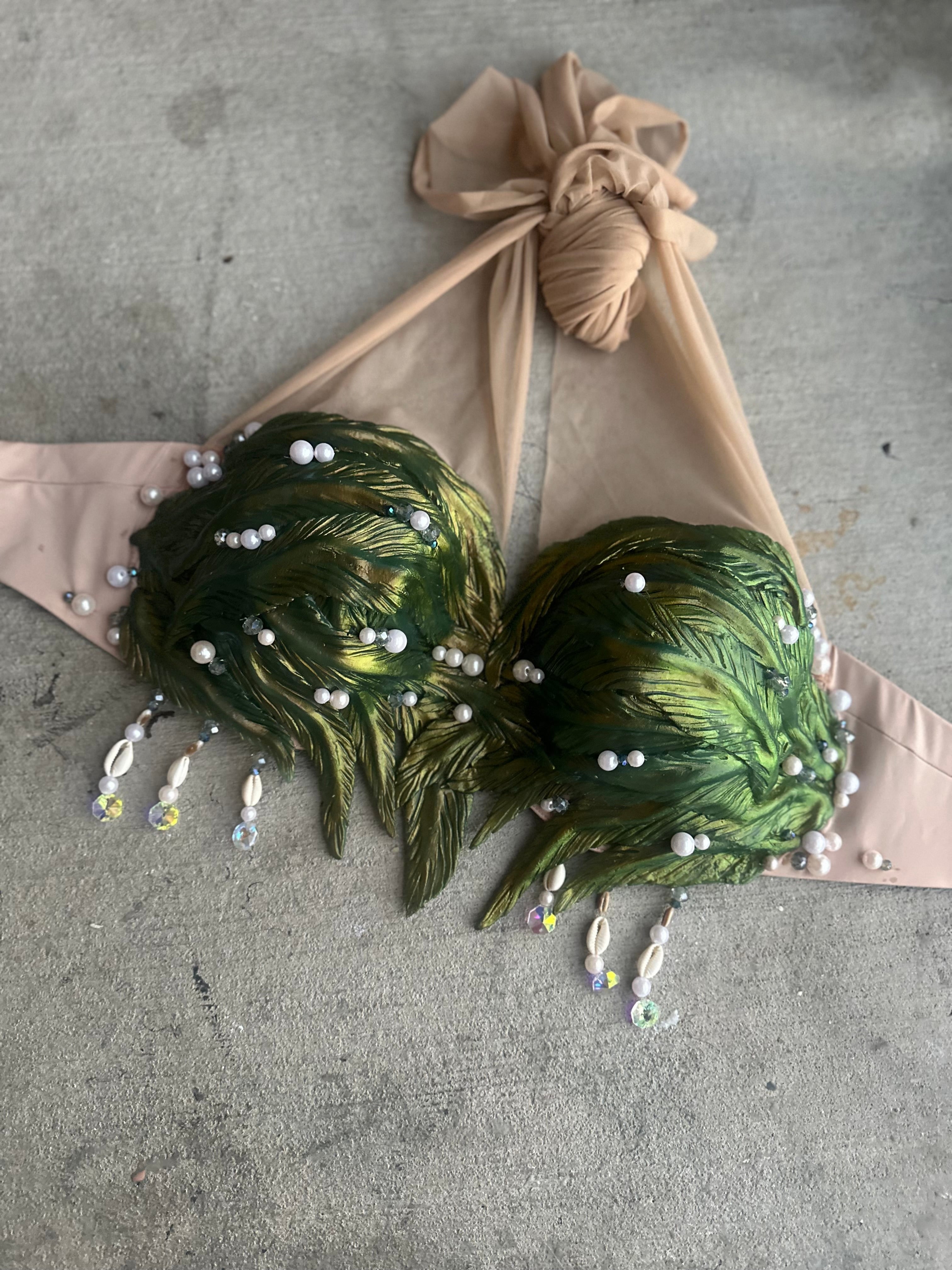 Pre-Made 38DD/Or Can Switch to O-Ring Seaweed Silicone Mermaid Top – Green Gold Shift + Shells + Pearls