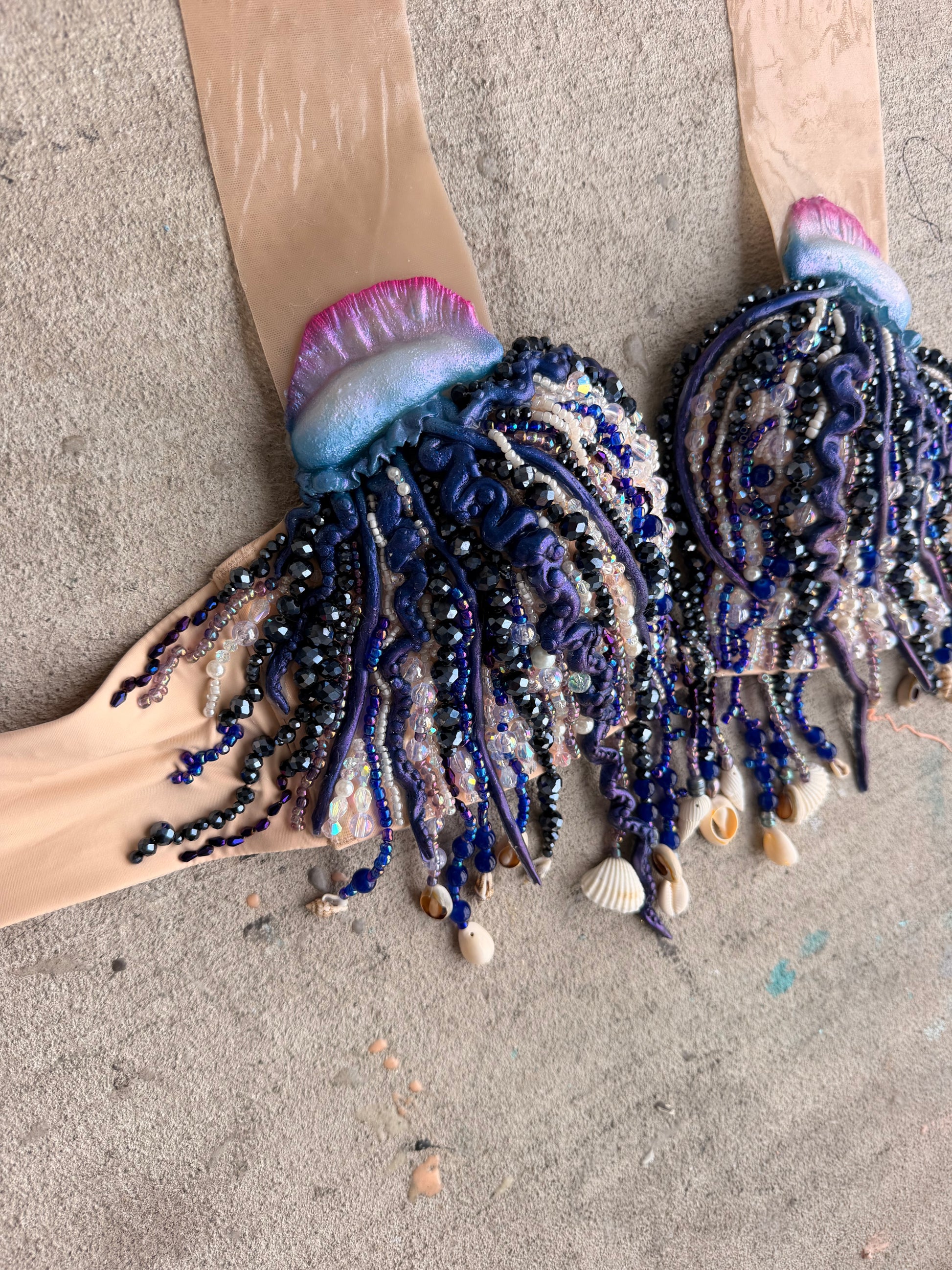 Pre-Made Portuguese Man O’ War Beaded Mermaid Top – 34C or C cup with D-ring band
