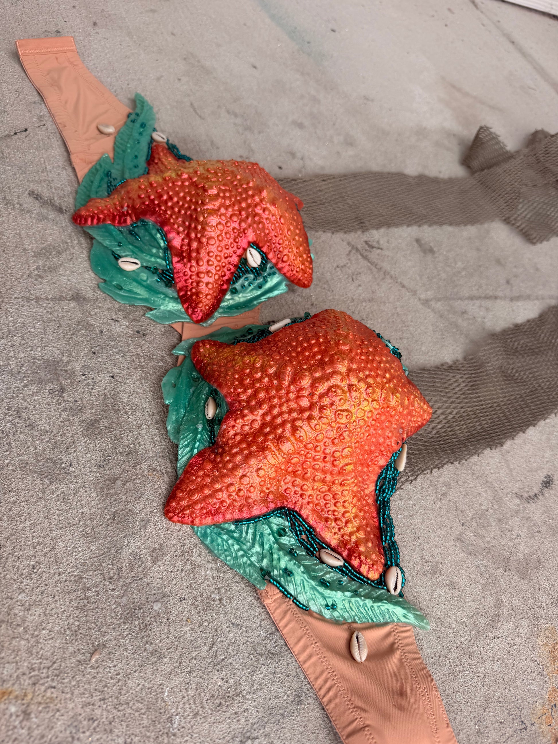 Orange Starfish Mermaid Top – Premade (34E/DDD or can be an D-ring top)