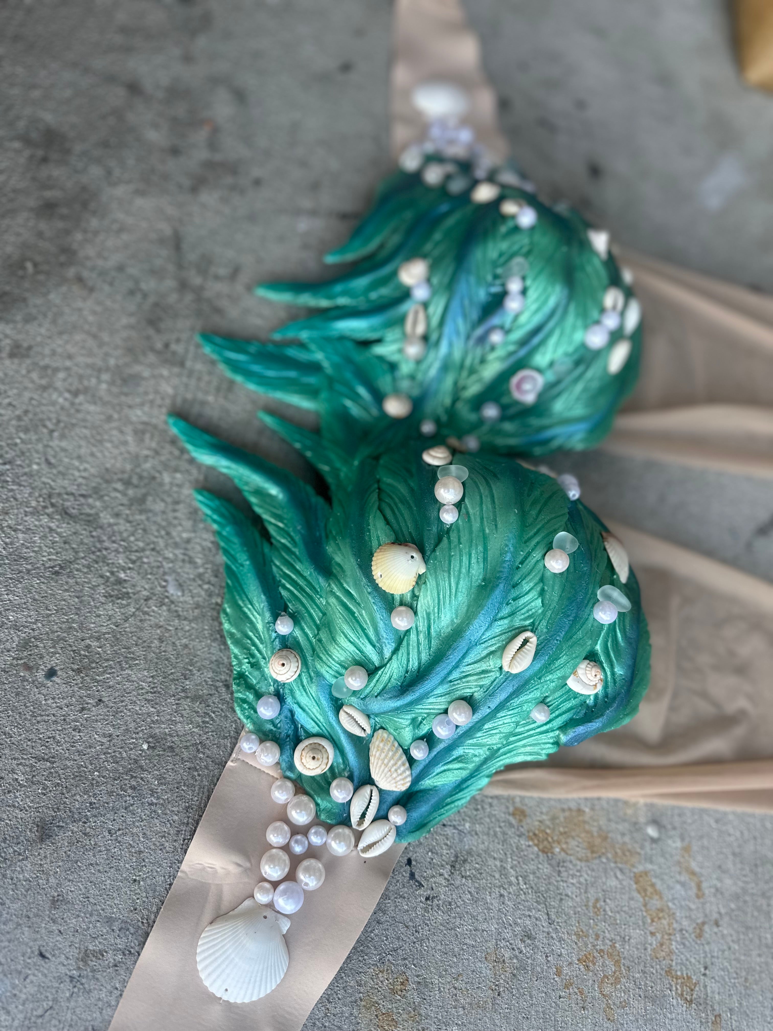 Pre-Made 36B Sparkly Teal Seaweed Silicone Mermaid Top – Optional Adjustment to O-Ring