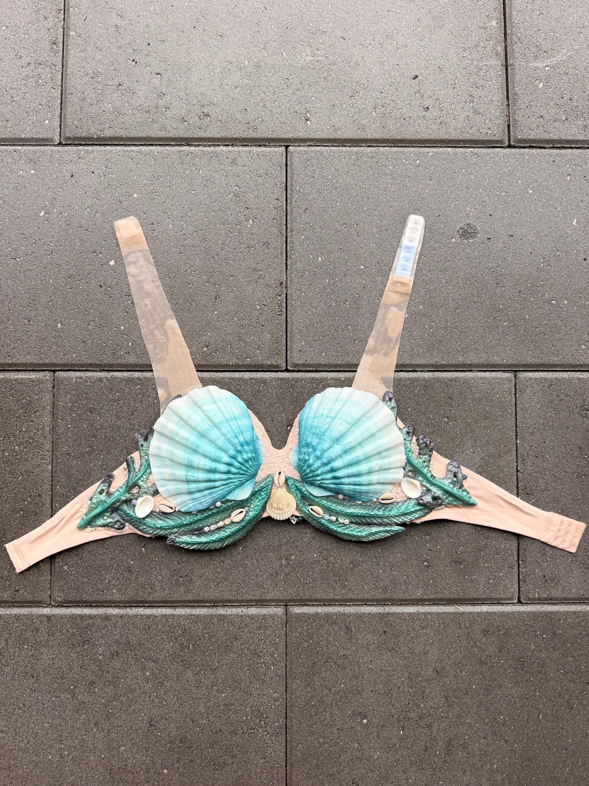 Pre-Made Teal Shell Beaded Mermaid Top – 36D or D cup D-ring tie back