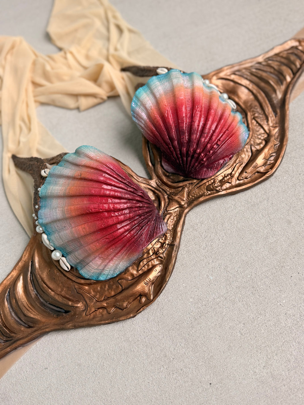 Pre-Made Sunset Shell Plated Silicone Mermaid Top – D Cup | Custom-Fitted Band