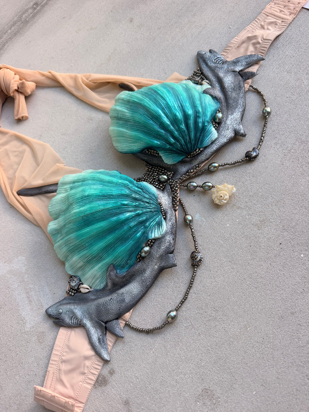 Teal Siren Shark Silicone Mermaid Top | Premade 36DD or  can be DD D-ring