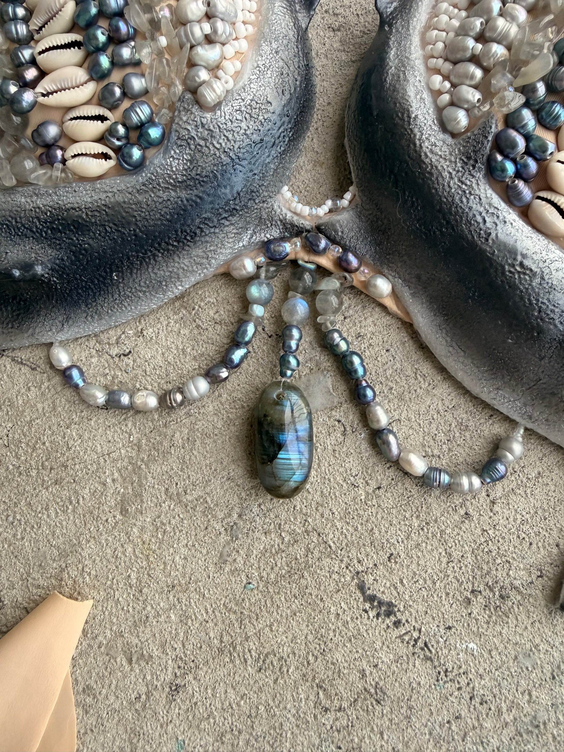 Pre-Made Hammerhead Shark Mermaid Top – C Cup | D-Ring Back | Labradorite & Freshwater Pearls
