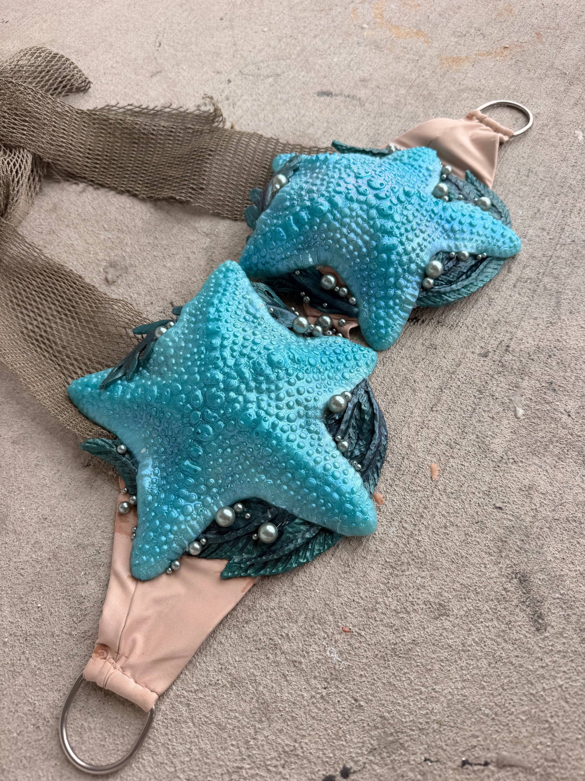 Turquoise Starfish Mermaid Top – D Cup Premade D-ring band