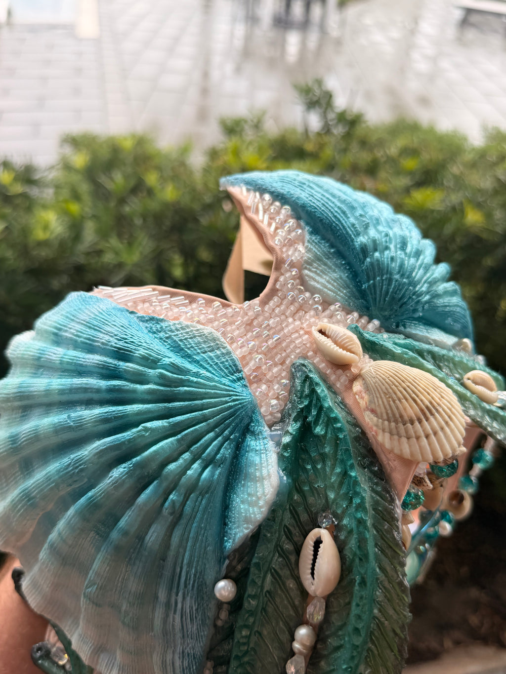 Pre-Made Teal Shell Beaded Mermaid Top – 36D or D cup D-ring tie back