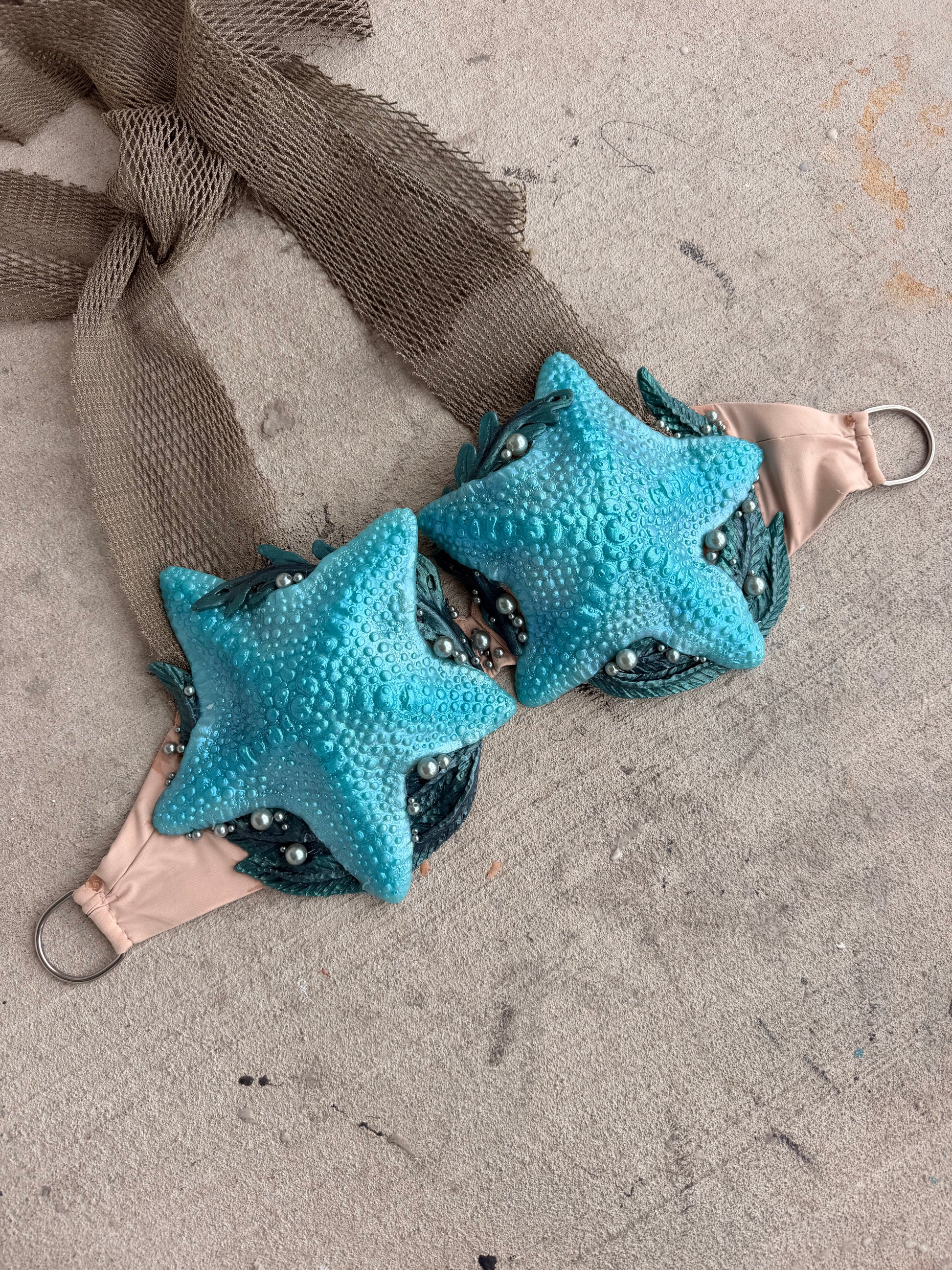 Turquoise Starfish Mermaid Top – D Cup Premade D-ring band