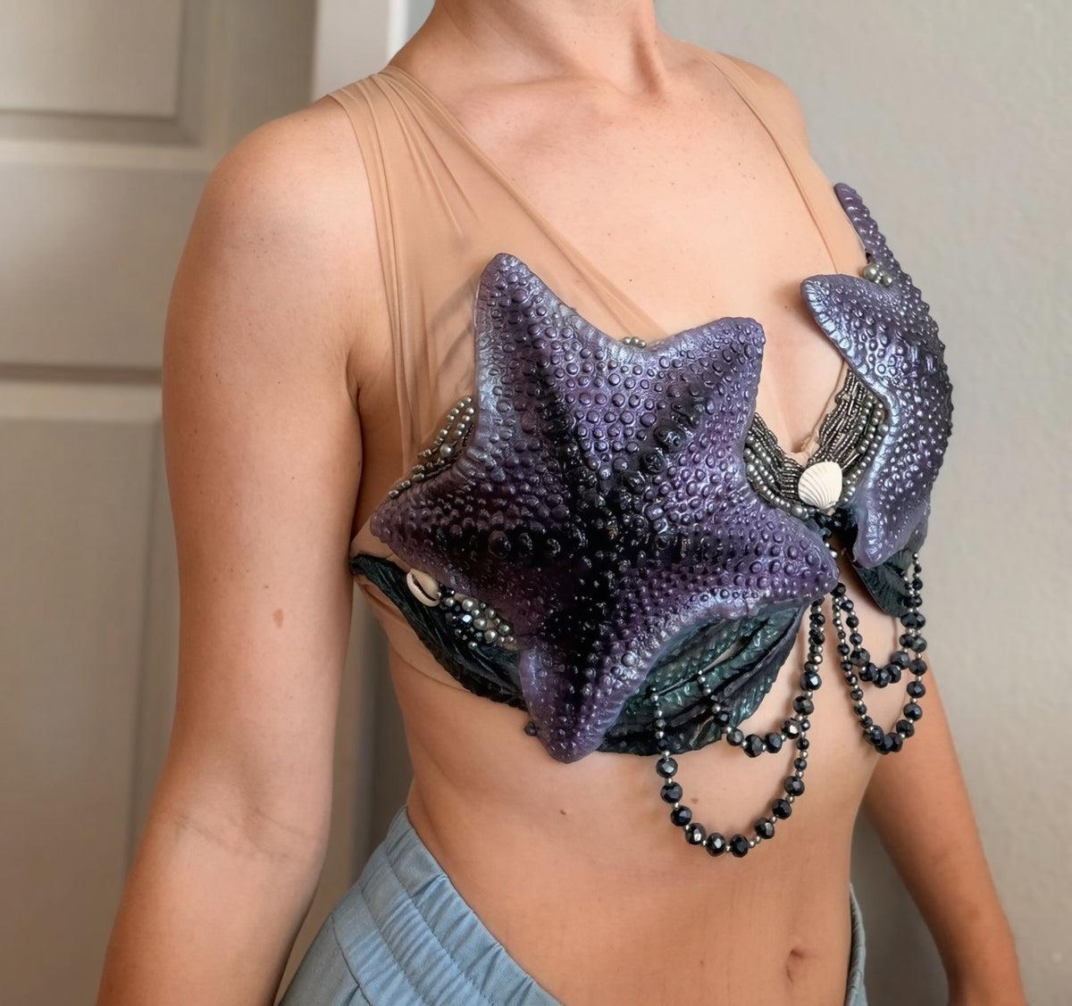 Purple Siren Starfish Mermaid Top – D Cup Premade D-ring band