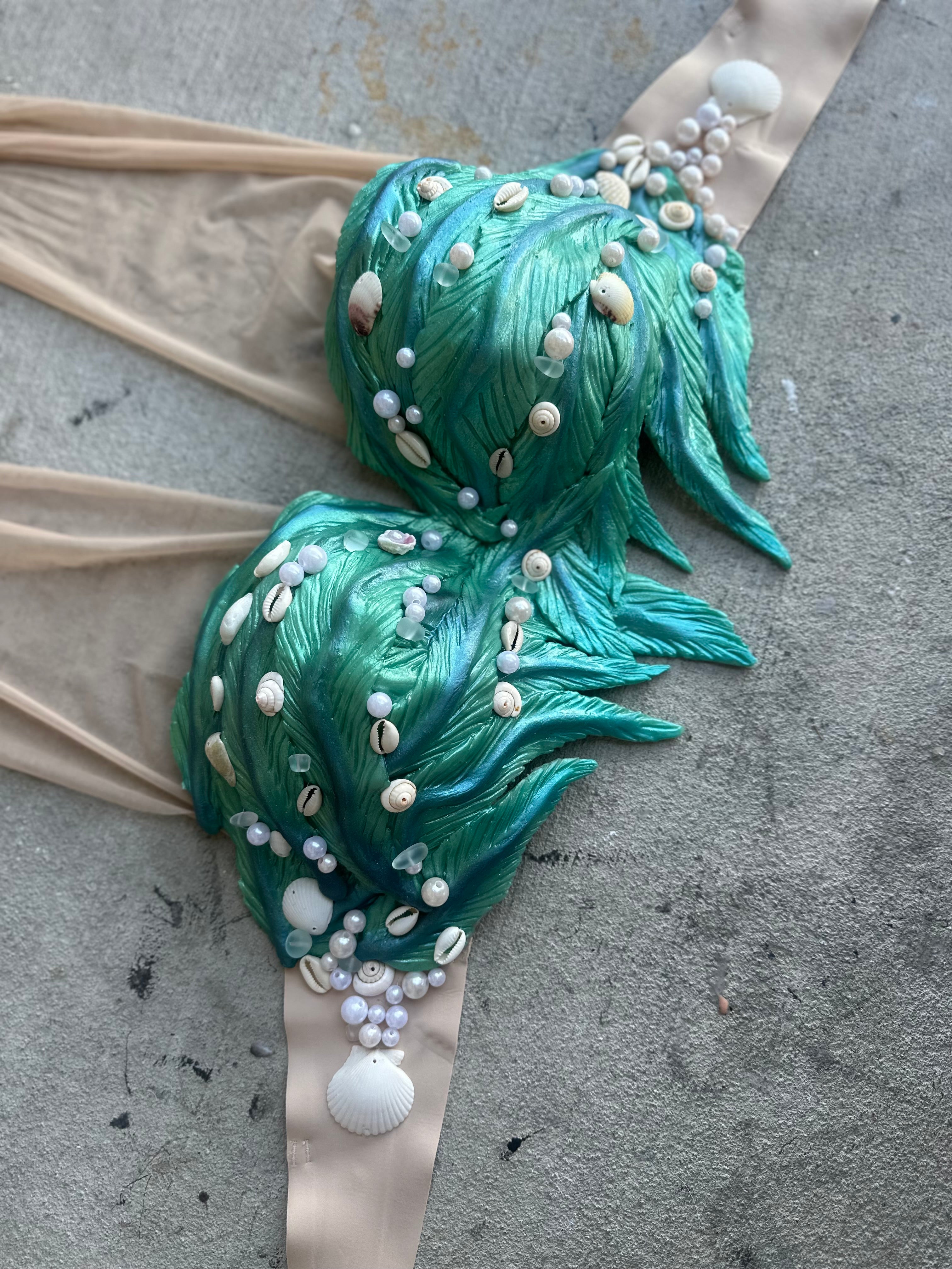 Pre-Made 36B Sparkly Teal Seaweed Silicone Mermaid Top – Optional Adjustment to O-Ring