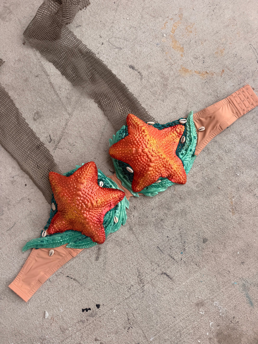 Orange Starfish Mermaid Top – Premade (34E/DDD or can be an D-ring top)