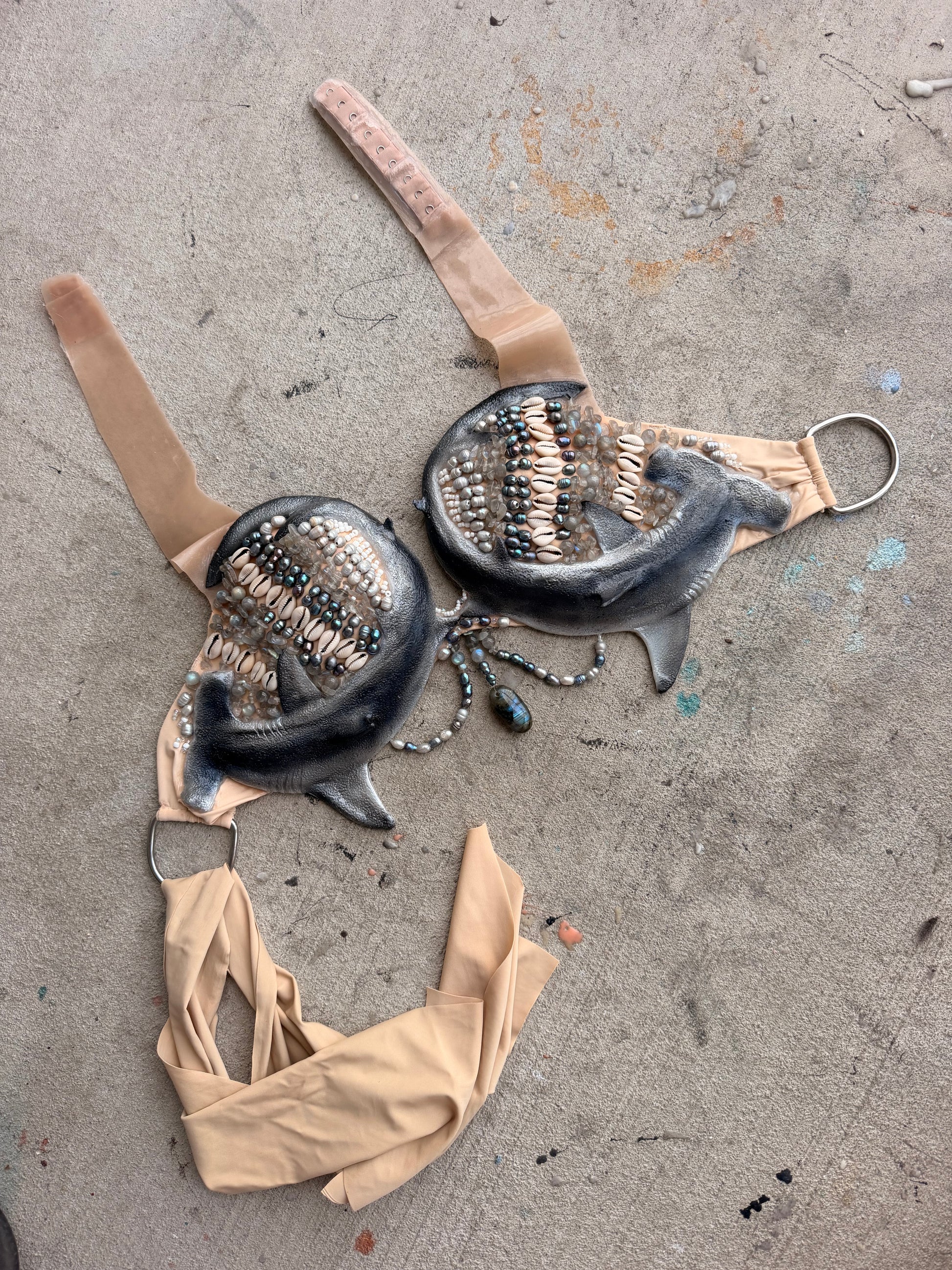 Pre-Made Hammerhead Shark Mermaid Top – C Cup | D-Ring Back | Labradorite & Freshwater Pearls