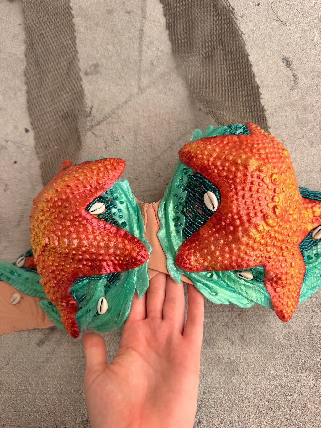 Orange Starfish Mermaid Top – Premade (34E/DDD or can be an D-ring top)
