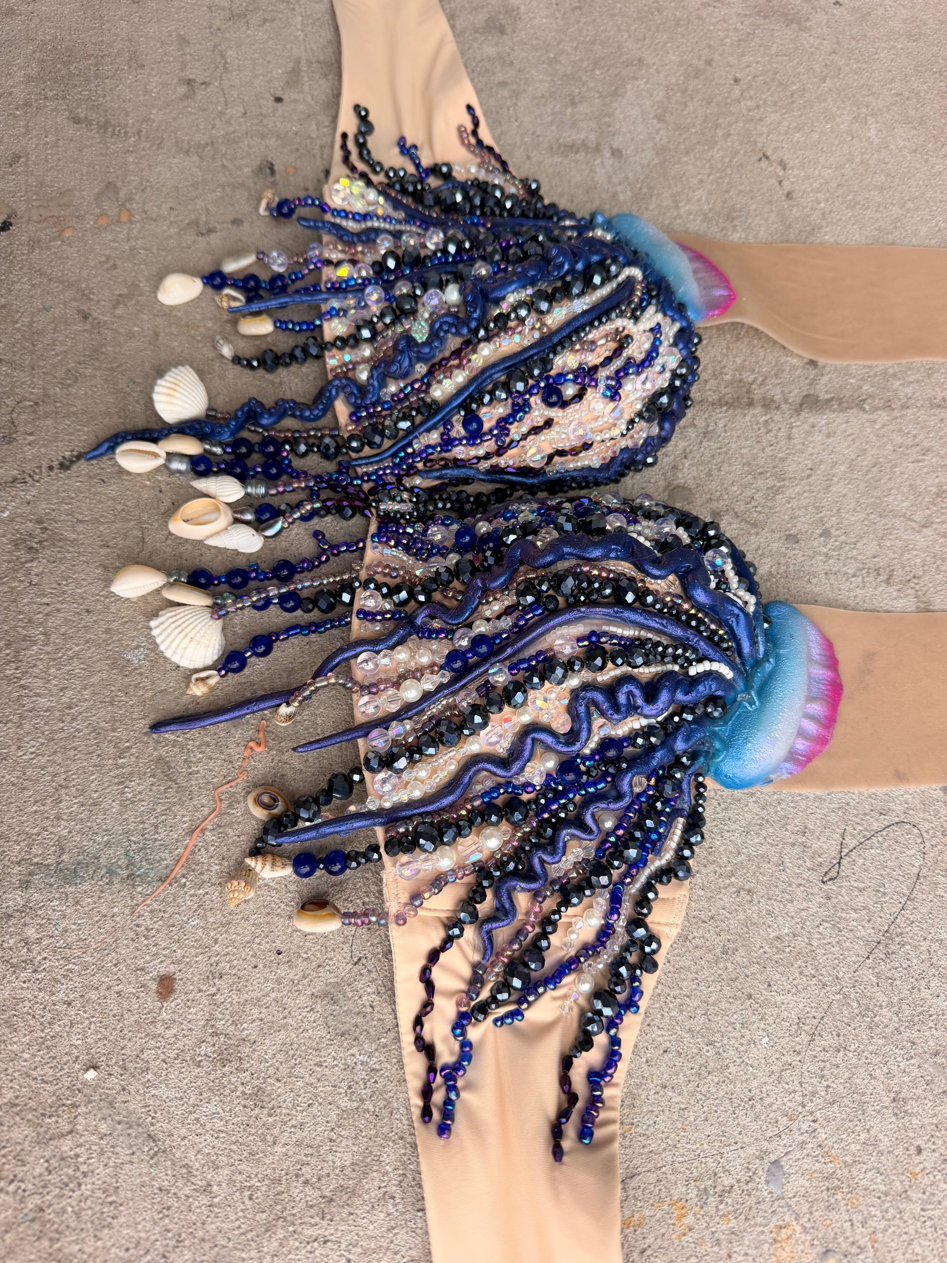 Pre-Made Portuguese Man O’ War Beaded Mermaid Top – 34C or C cup with D-ring band