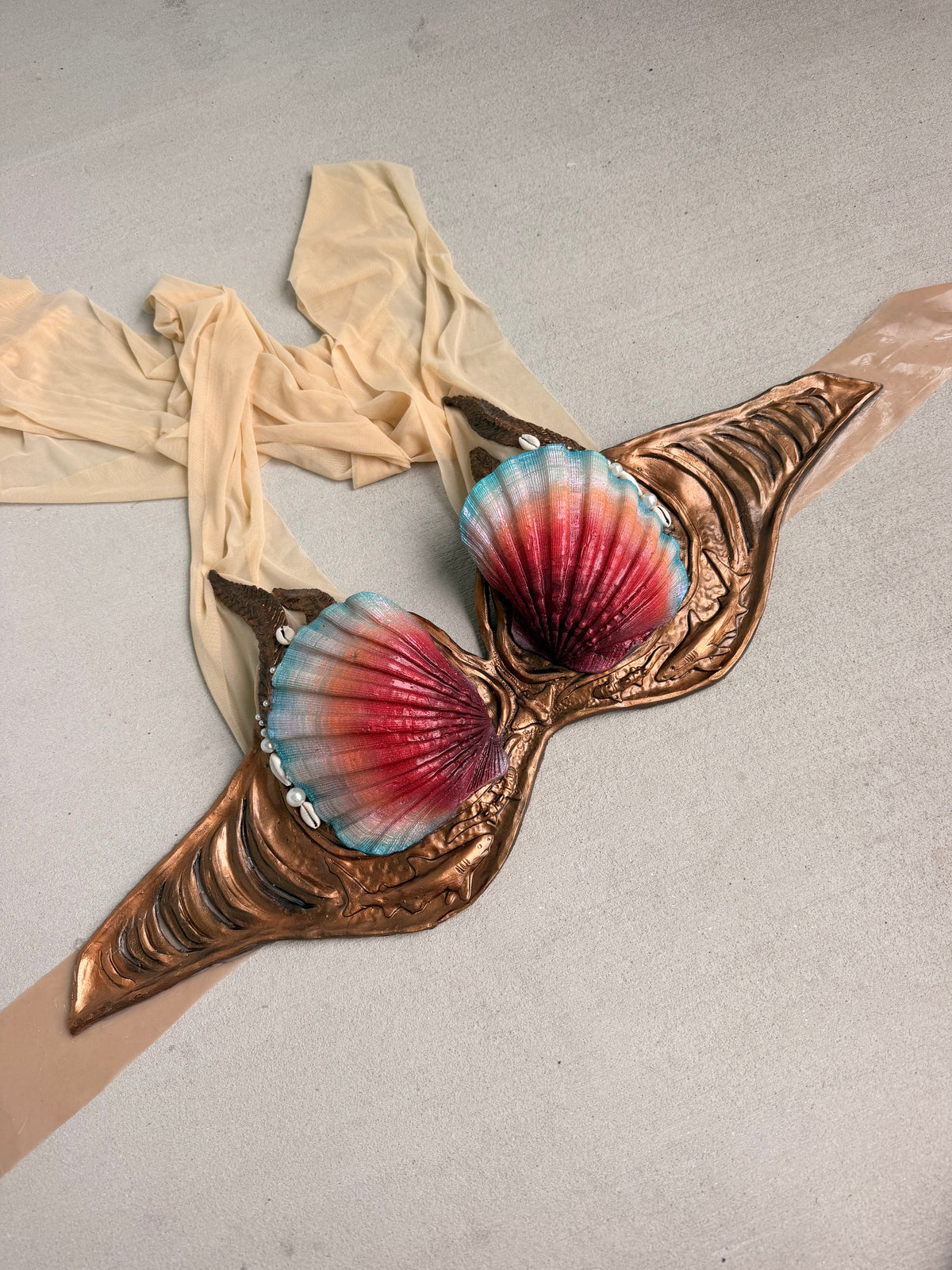 Pre-Made Sunset Shell Plated Silicone Mermaid Top – D Cup | Custom-Fitted Band