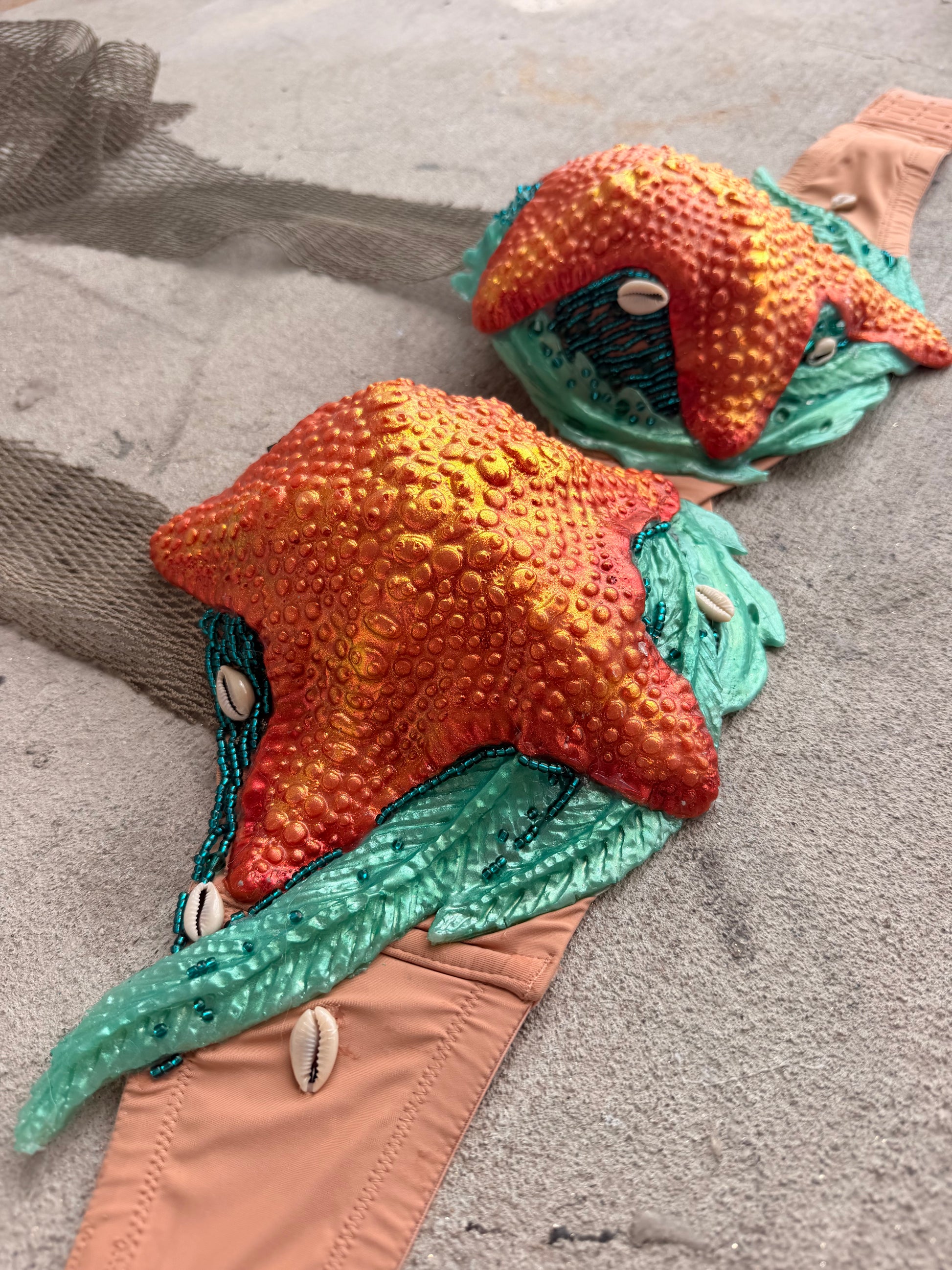Orange Starfish Mermaid Top – Premade (34E/DDD or can be an D-ring top)