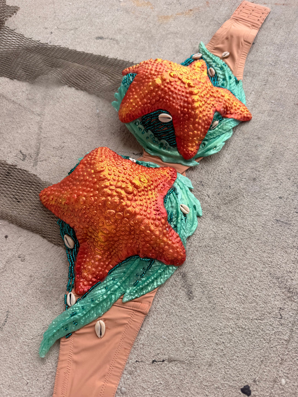 Orange Starfish Mermaid Top – Premade (34E/DDD or can be an D-ring top)