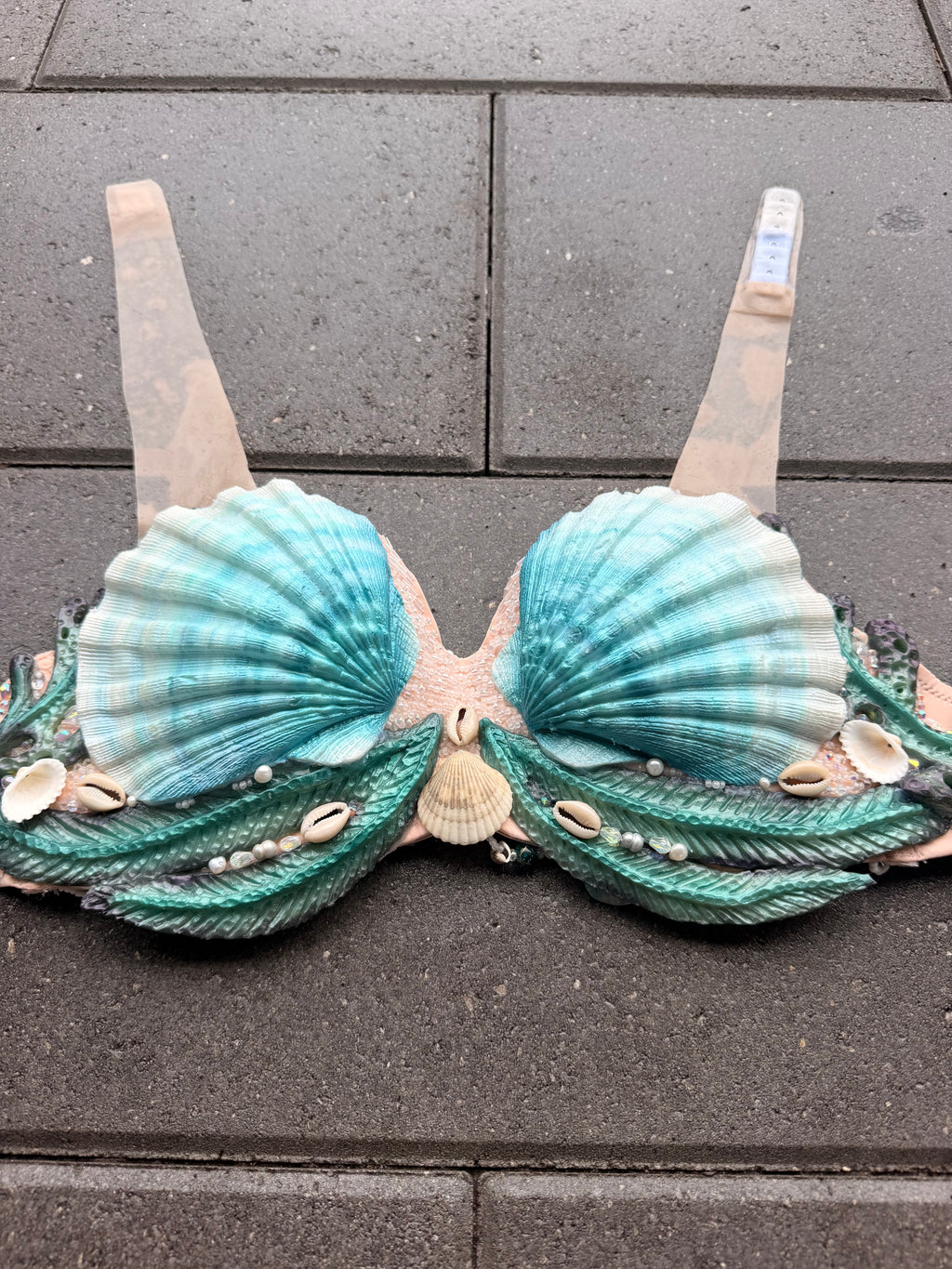Pre-Made Teal Shell Beaded Mermaid Top – 36D or D cup D-ring tie back