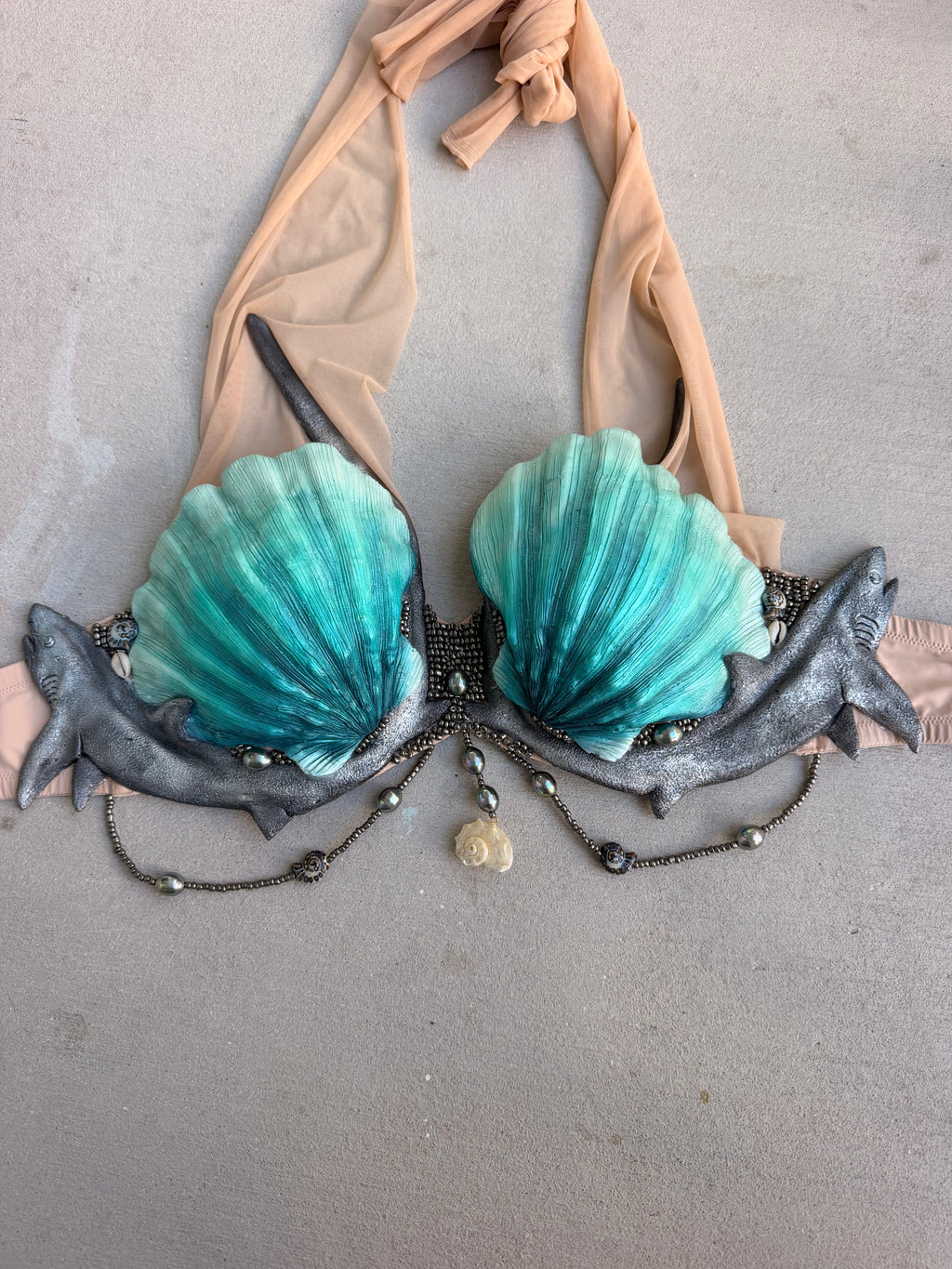 Teal Siren Shark Silicone Mermaid Top | Premade 36DD or  can be DD D-ring