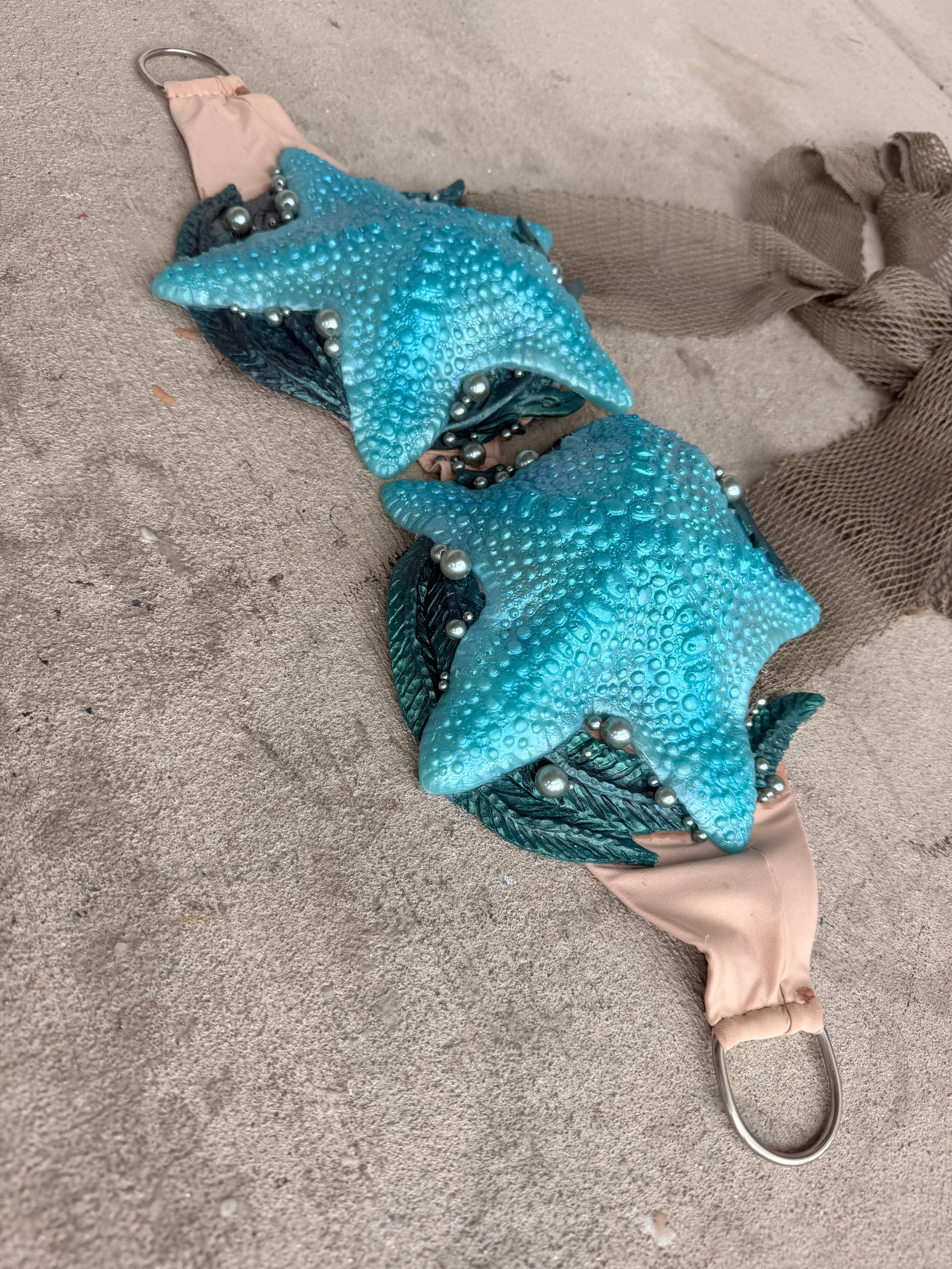 Turquoise Starfish Mermaid Top – D Cup Premade D-ring band
