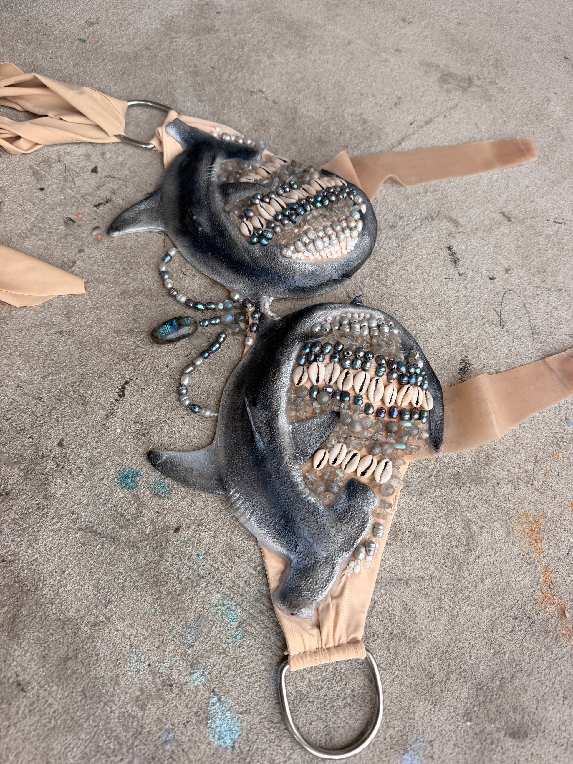 Pre-Made Hammerhead Shark Mermaid Top – C Cup | D-Ring Back | Labradorite & Freshwater Pearls